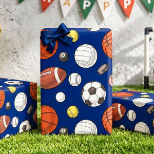 Sports Balls Pattern Gift <b>Wrap</b> <b>Paper</b> <b>Roll</b> Blue Coated Art <b>Paper</b> Recyclable Offset Printing Compatible - Product Image 2