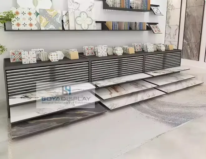 Boya Customized Decorative Wooden Floor Display Stand Tile Display Slot Ultra-Thin Metal Chest Of Drawers For Showroom