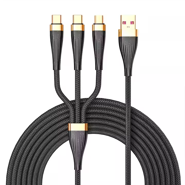 Universal 66W 6A 1.25M 2M 3 in 1 Gold-Plated Data Cable Nylon Braided Fast Charging Cable for Laptop for Mobile Phones