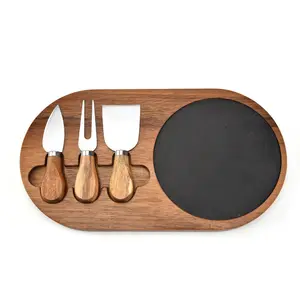 促销圆形石板和椭圆形相思木制餐板，带礼品刀