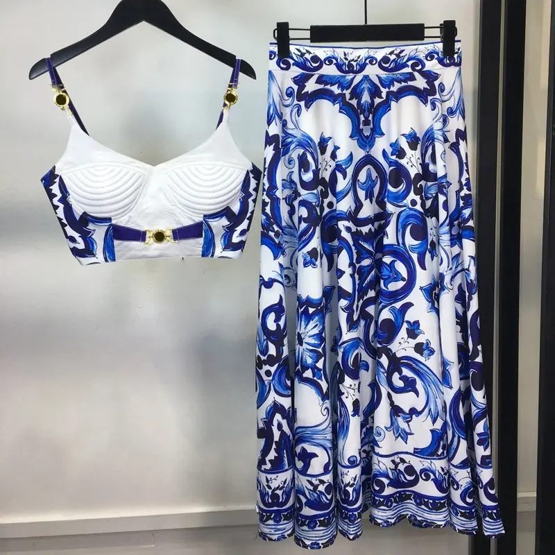 Amerikaanse Dames Zomer Nieuw Blauw En Wit Aardewerk Print Bretels Top Tweedelige Rok Casual Groot Sexy Pak