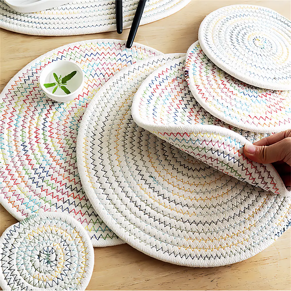 Ychon Handmade cotton and linen woven thermal cup and plate mats for home dining tables and heat-resistant placemats