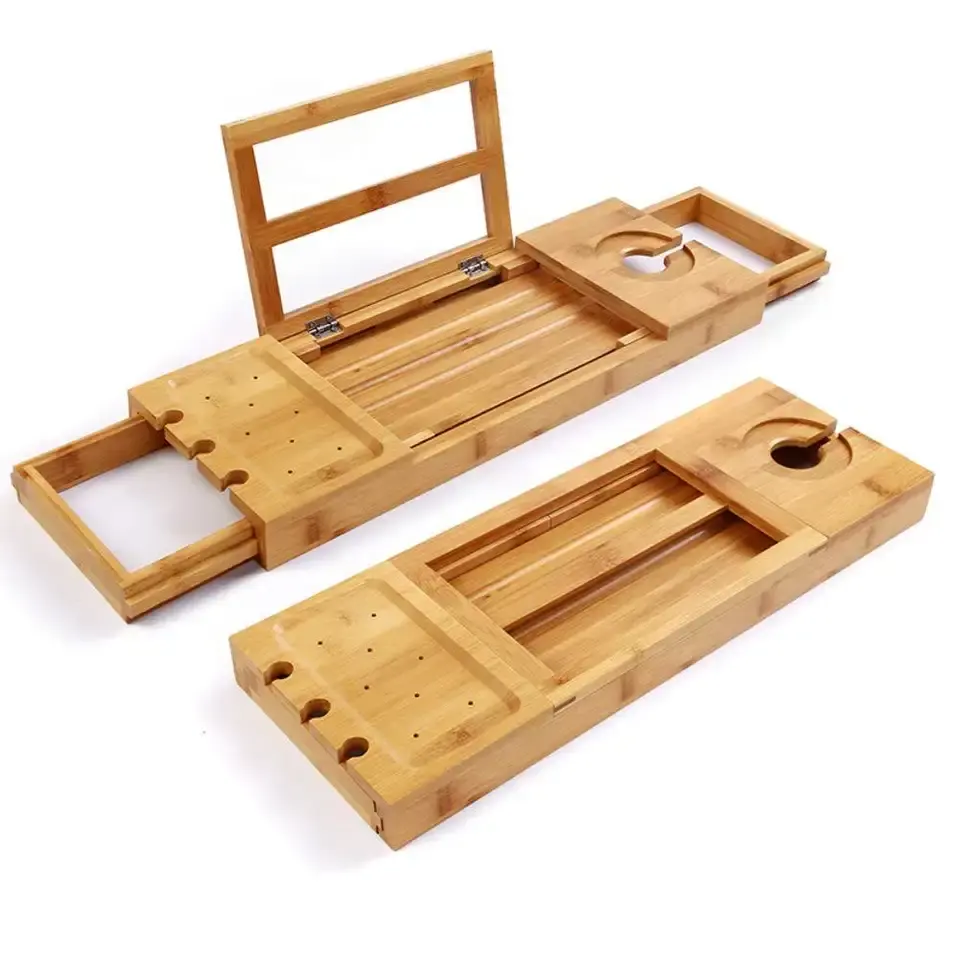 New design expandable Bath tub caddy with Wine Candle   Book Holder Bath tub Rack natural wooden bathtub tray