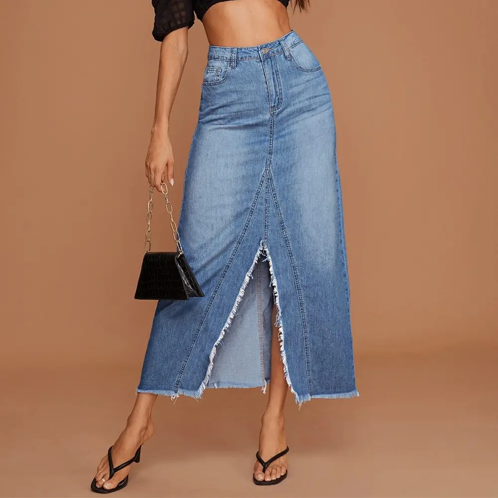 Bán Buôn Tuỳ Chỉnh Casual Cao Eo Phụ Nữ Jean Váy Dài Midi Slit Chia Nữ Váy Denim Dài Phụ Nữ Váy