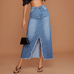 Toptan özel rahat yüksek bel bayanlar Jean etek uzun Midi yarık bölünmüş kadın etek <span class=keywords><strong>Denim</strong></span> uzun kadın etekler - Product Image 1