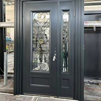 Puerta de Seguridad Exterior Comercial Moderna LEADOWVIN, Marco de Aluminio Negro, Acabado de Acero Inoxidable Resistente al Agua, Resistencia al Fuego de 1.5 Horas