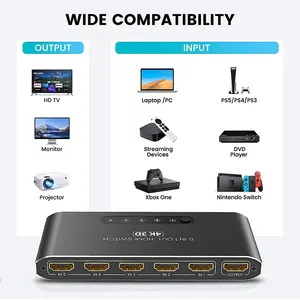 2024 HDMI 스위처 1 in 5 out HDMI 스위처는 컴퓨터 XBOX 용 IR 리모콘으로 4K30Hz 1080P60Hz 고해상도를 지원합니다