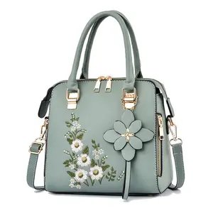 Cute big fashion shoulder bag ladies blue floral embroidery designs leather women's hand bags luxury purses and handbags