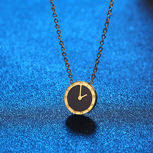 18K PVD Gold Stainless Steel Roman <b>Clock</b> Face Pendant Necklace | <b>Retro</b> Black Enamel & Mother of Pearl | Timeless Elegant Jewelry - Product Image 3