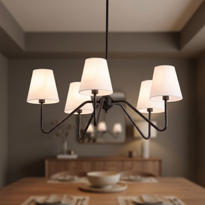 Lámpara de araña de hierro negro de 5 luces con pantallas de tela tipo campana, bombilla LED E27, 2700K, blanco cálido, para sala de estar - Product Image 5