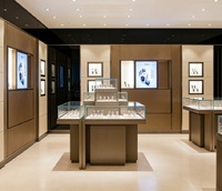 Comptoir d'îlot à montres multi-niveaux de luxe sur mesure, vitrine à bijoux en acier inoxydable premium avec éclairage LED, pour showroom personnalisé