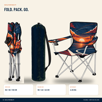 Chaise pliante portable robuste avec accoudoirs, porte-gobelet et motif logo personnalisé pour les sorties en plein air et les moments de détente au coucher du soleil