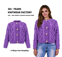 Cardigan pour femme en maille torsadée épaisse, couleur lavande unie, avec boutons décoratifs, col rond, coupe courte, doux et confortable, personnalisable en usine