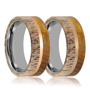Real Deer Antler and Whiskey Barrel <strong>Wood</strong> <strong>Inlaid</strong> Men's Tungsten Wedding Ring - Product Image 5