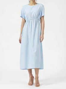 Light Blue O-Neck Loose Midi Dress With Drawstring <b>Elastic</b> Waist Short Sleeve Casual Summer Woven Cotton Solid Color Flared Hem - Product Image 6