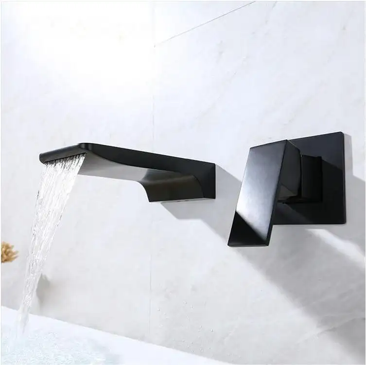 Luxury Bathroom Design 2 Hole Waterfall Faucet Black Brass Basin Faucet Wall Mount Basin Faucet