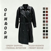 Manteau en cuir pour femme, style décontracté, personnalisable en usine, long, technique, importé, double boutonnage, multi-poches, avec ceinture et fermeture éclair, doux