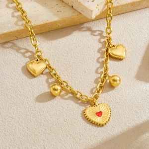 Heart-Shaped Stainless Steel Pendant Necklace Gold Plated Chain With Red Heart Charm Unisex Gift Jewelry - Product Image 2