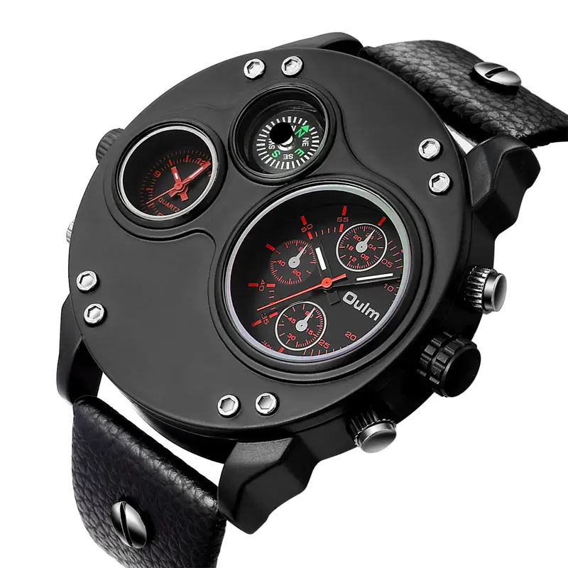 Oulm HP3741 wholesale black boys quartz watch cool PU leather strap 2 time zone compass in stock outdoor wristwatch