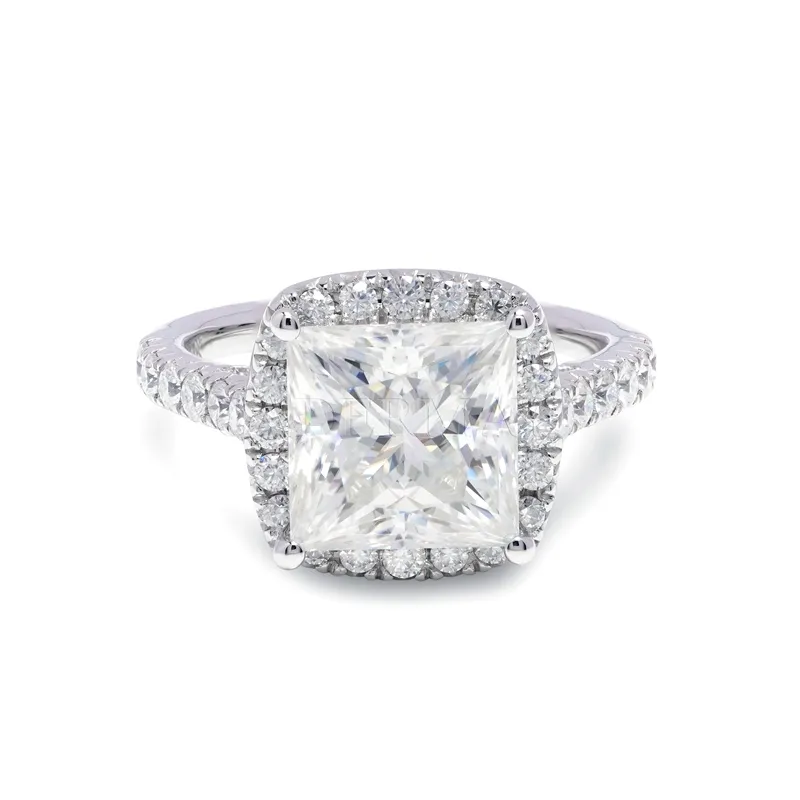 Modische 14k-Weissgold 9*9mm 4ct Prinzessin Moissanit Diamant Ehering Verlobung Halo Ringe Pave für Damen