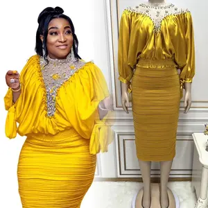 Fashionable Studded Mesh Patchwork Top Pleated Skirt Two-Piece Set For African Women's Clothing Plus Size