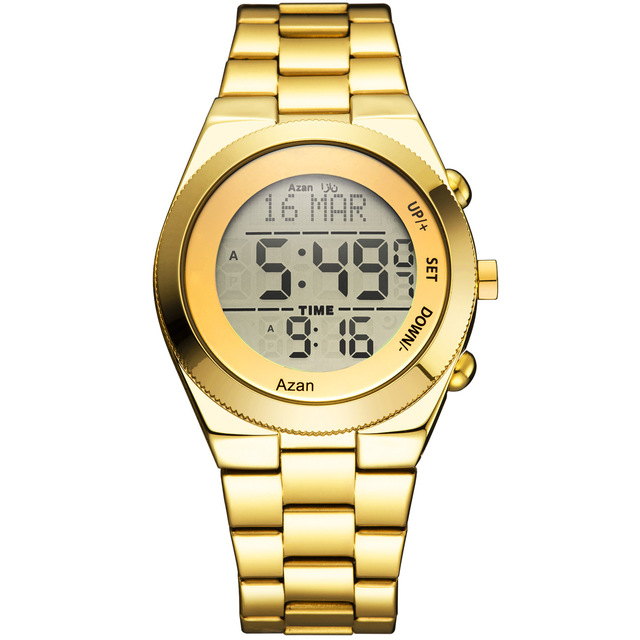 Custom Alloy Gold Azan Al Fajr Wrist Watches Digital Qibla Reloj Mens Waterproof Hand Watch for Boys
