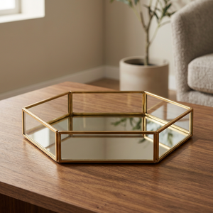 Plateau de vanité en acier inoxydable écologique, design géométrique moderne, surface miroir imperméable, plateau de service en métal doré moderne - Product Image 1
