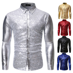 Chemises habillées boutonnées pour hommes <span class=keywords><strong>chemise</strong></span> brillante à paillettes Costume de scène or argent métallisé paillettes <span class=keywords><strong>chemise</strong></span> à paillettes - Product Image 2