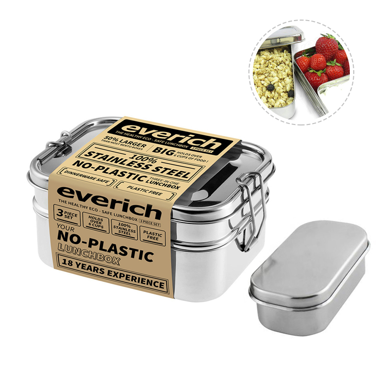 Трехкомпонентный набор Bento Box Образец бесплатно на заказ двухслойный Ланч-бокс из нержавеющей стали