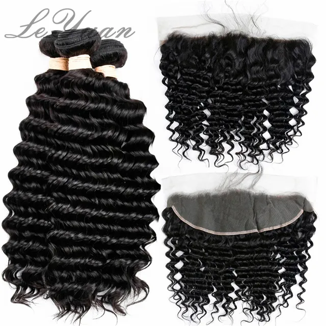 Braziliaanse Diepe Golf Menselijk Haar Weeft Bundels 3Pcs Bundels Met 13X4 Lace Frontal Virgin Hair Sluiting Met bundel