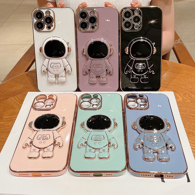 Wholesale Soft Plating TPU Phone Case with Astronaut Kickstand Holder for iPhone 11 12 13 14 15 16 17 Pro Max