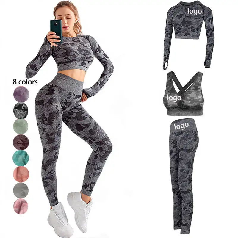 Women Sports Wear Outdoor Yoga Suit Seamless Long Sleeve Crop Top and Leggings Yoga Gym Sets Fitness Women