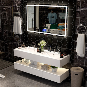 Mármol lavar doble lavabo cuarto de <span class=keywords><strong>baño</strong></span> vanidad de piedra Artificial de gabinete de espejo con luces Función de gabinete de madera - Product Image 3