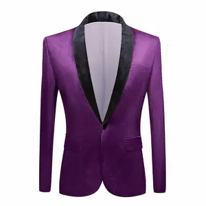 男士套装紫色修身夹克天鹅绒休闲套装日用婚纱套装