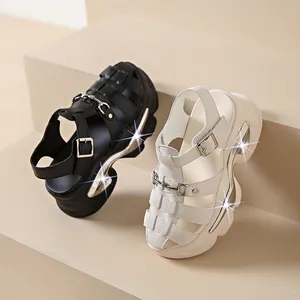 Damen Sandalen Vintage Wedge Schuhe Frau Schnalle Riemen Stroh Dick Bottom Flats Plattform Sandalen Flock Damenschuhe Sommer 2020