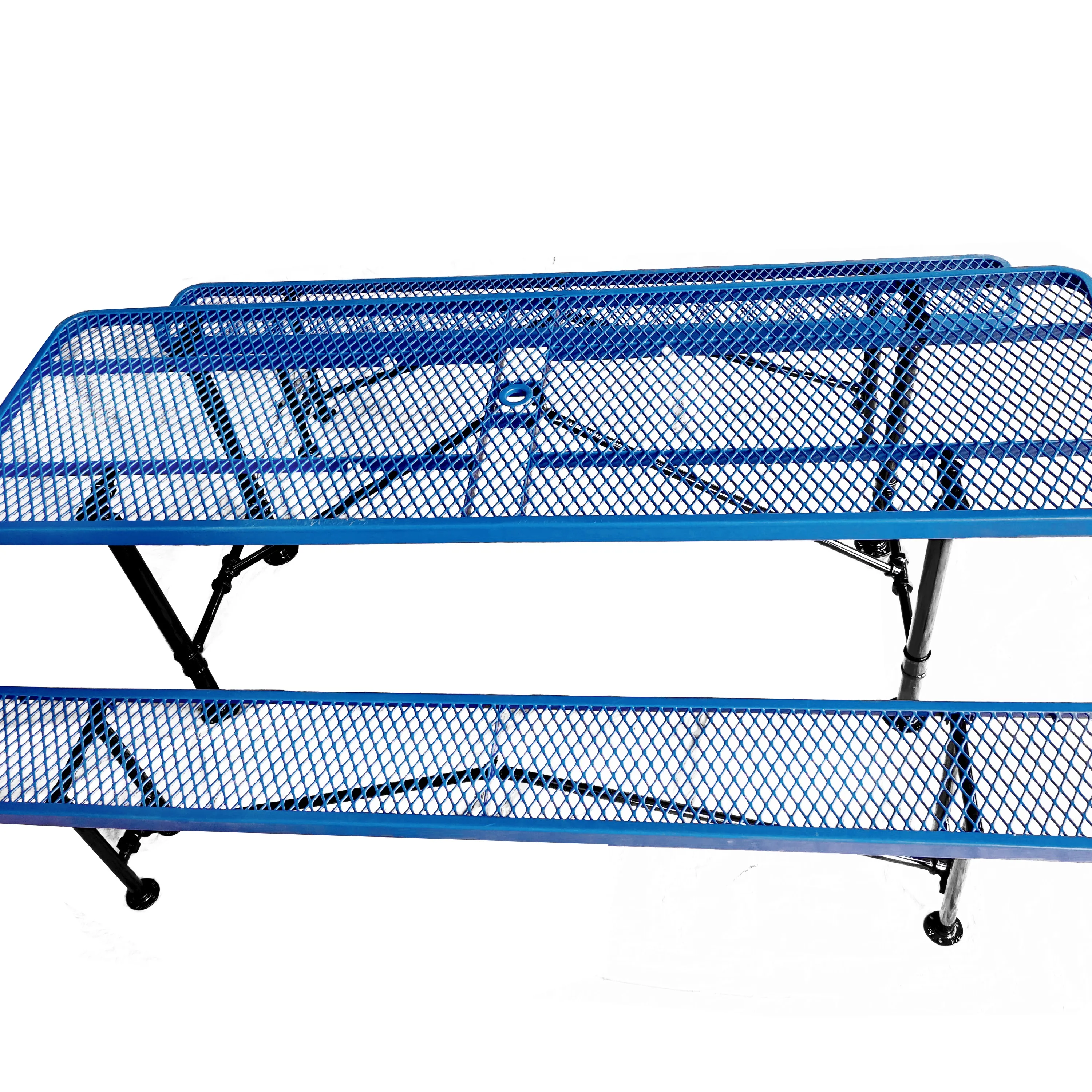 OEM 96" Blue Rectangular Folding Table and Chair Set, Outdoor Camping Picnic Table and Two Benches, Expanded Metal