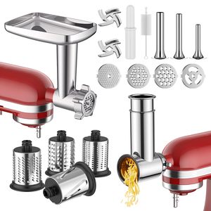 Hachoir à <span class=keywords><strong>viande</strong></span> et accessoire trancheur-râpeur en acier inoxydable pour batteur sur socle, incluant un accessoire broyeur alimentaire en métal - Product Image 1
