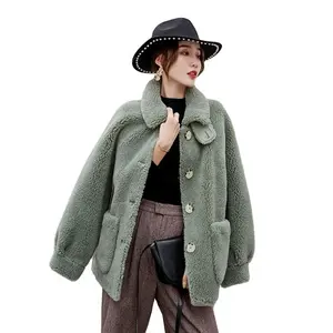 2022新款冬季女士蓬松纽扣羊毛混纺人造泰迪皮草外套女夹克