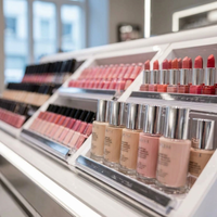 Comptoir de présentation incurvé pour cosmétiques et maquillage, avec finition en acier inoxydable, pour boutique et expérience de vente au détail, taille personnalisée