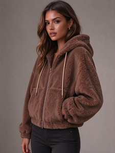 Nueva Chaqueta Corta con Capucha y Cierre de Cremallera para Mujer, Estilo Casual, Corte Holgado, para el Día a Día, Abrigo Cálido con Frente Abierto para Invierno - Product Image 2