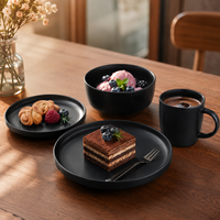 Service de table de luxe 16 pièces en grès et porcelaine haut de gamme, noir mat, assiettes, bols, tasses, résistant au lave-vaisselle et au four, anti-fuite, pour la maison