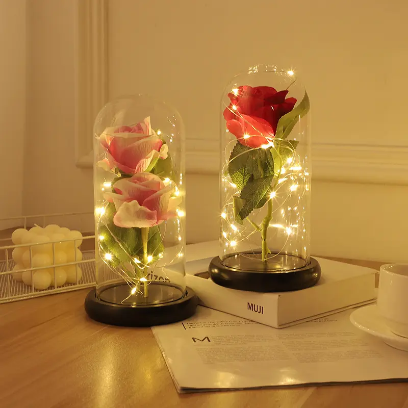 YIZHI ahşap taban romantik korunmuş güller cam plastik kubbe içinde LED ışık ebedi çiçek sevgililer günü hediyesi