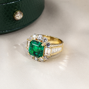 Messi Jewelry MSR-1791 18K Yellow Gold Asscher Cut Claw Setting Fashion <b>Ring</b> Fancy Design Emerald <b>Ring</b> - Product Image 4