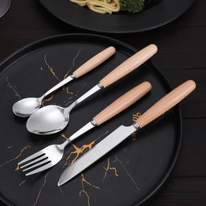 Juego de 24 piezas de cuchillo, tenedor y cuchara de acero inoxidable y madera de haya, tenedor para pasta, cuchara para postre, cuchillo para carne, cuchara, juego de cubiertos occidentales - Product Image 4