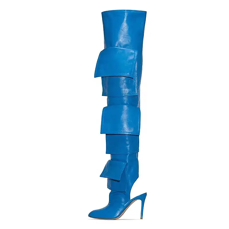 Estate blu di alta tacco stivali a metà coscia sopra il ginocchio con romanzi borse senza tacco pezzo di marca famosa di disegno del commercio all'ingrosso prezzo