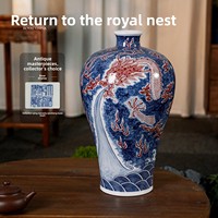 Vase en porcelaine haut de gamme de Jingdezhen, cuite au four à bois, motif dragon rouge sous glaçure bleu-blanc, dessiné à la main, style chinois, en céramique Huangyao
