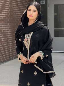 Designer Heavy Embroidery Sequence Work Top-Sharara Dupatta Indian & Pakistani Party Wear with <b>Lace</b> <b>Sleeves</b> Made Chinon Silk - Product Image 4