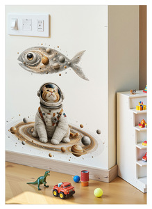 Adesivo Murale Animale Cosmico Cartoon: Gatto Astronauta e Pesce Spaziale Nebulosa, Decorazione Spaziale Adesiva per Stanza dei Giochi dei Bambini - Product Image 5