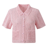 Nouvelle Collection Été 2026 – Cardigan Rose à Manches Courtes en Maille, Orné de Diamants, Coupe Ajustée, pour Femme – Idéal Soirées Décontractées