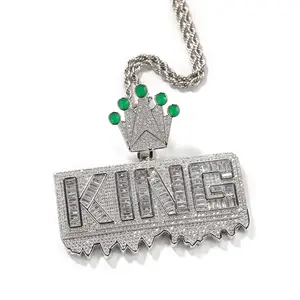 Cadena con colgante de circón helado con nombre de colgante personalizado King Crown, gotas de aceite fluorescente, hebilla, collar de Hip Hop para hombres